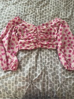Zara Pink Floral Ruched Puff-Sleeve Crop Top